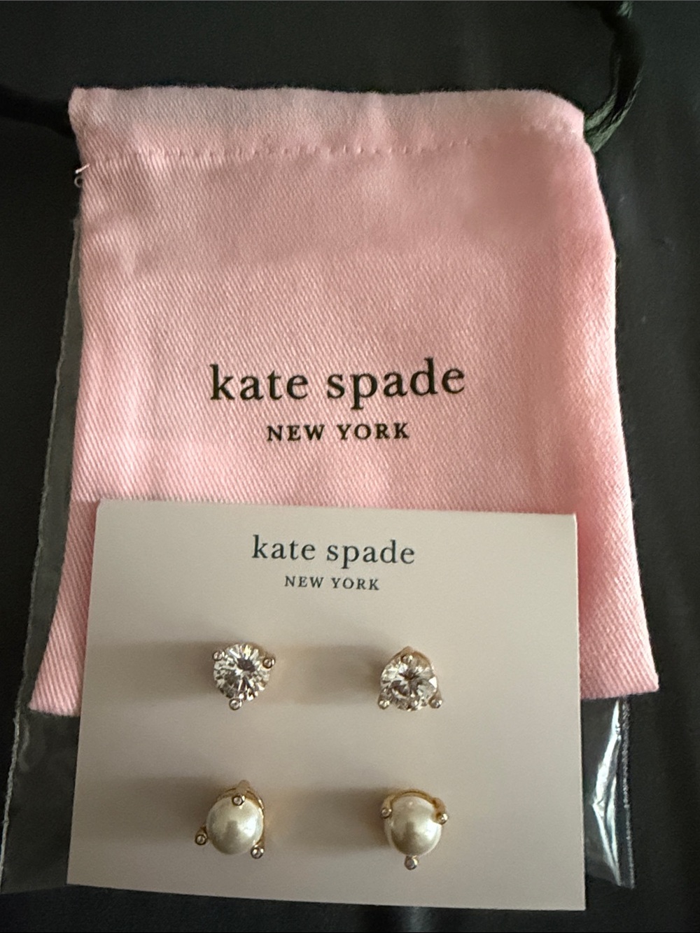 kate spade Two-Pair Crystal and Pearl Stud Earring Set with Pink Pouch